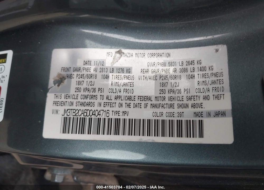 2013 MAZDA CX-9 TOURING VIN: JM3TB2CA6D0404716