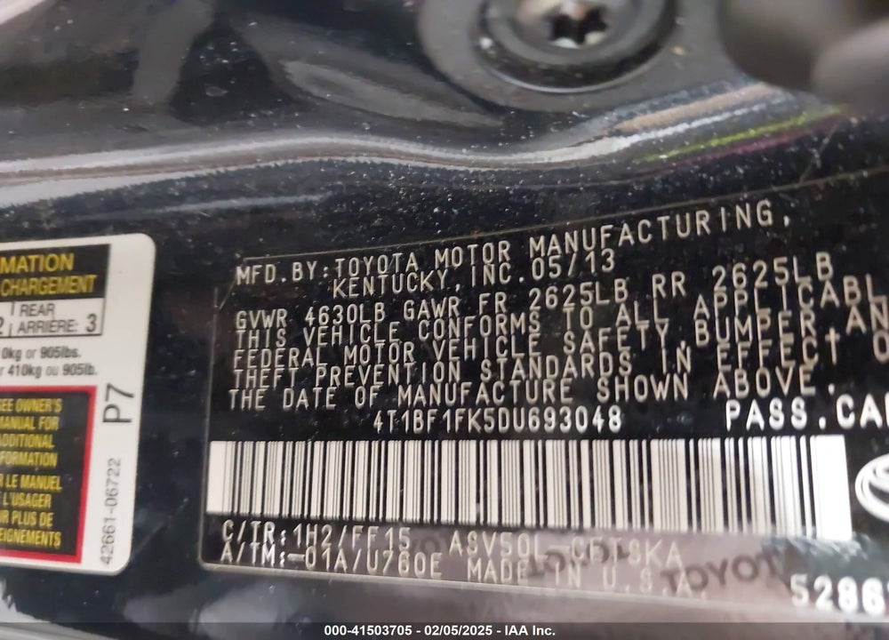 2013 TOYOTA CAMRY VIN: 4T1BF1FK5DU693048