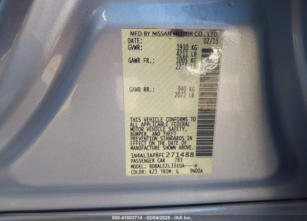 2015 NISSAN ALTIMA VIN: 1N4AL3AP8FC271488