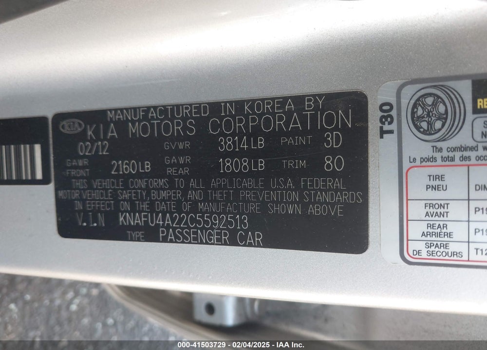 2012 KIA FORTE VIN: KNAFU4A22C5592513
