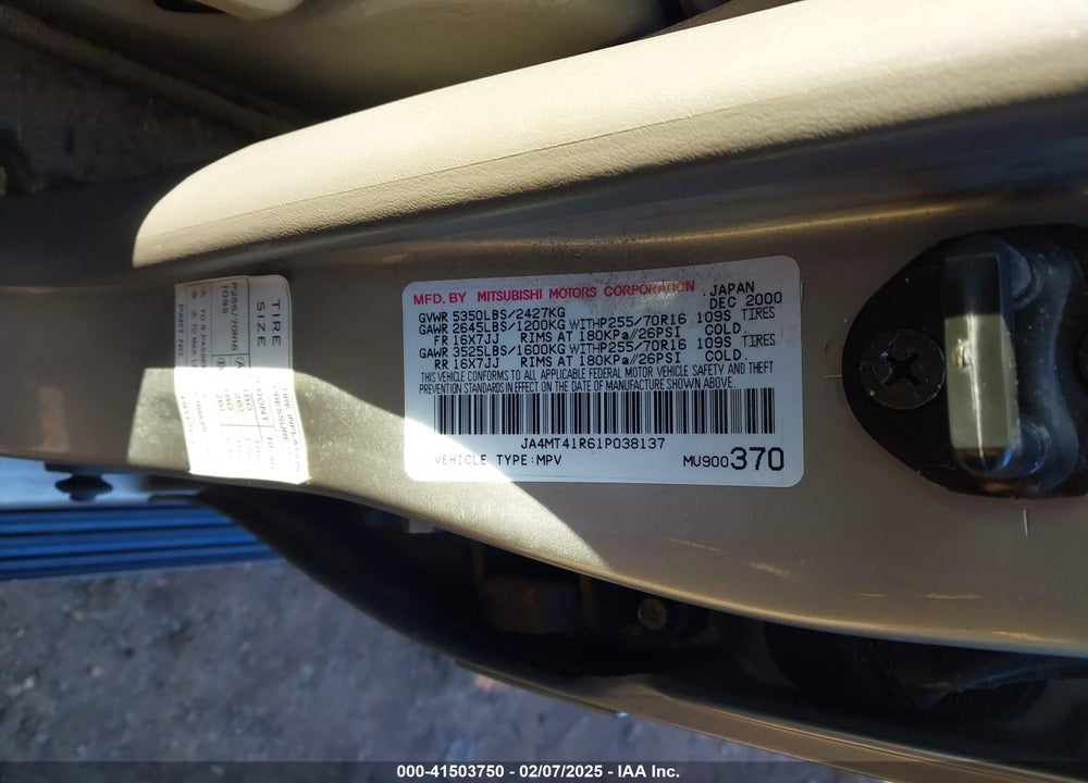 2001 MITSUBISHI MONTERO SPORT LTD VIN: JA4MT41R61P038137