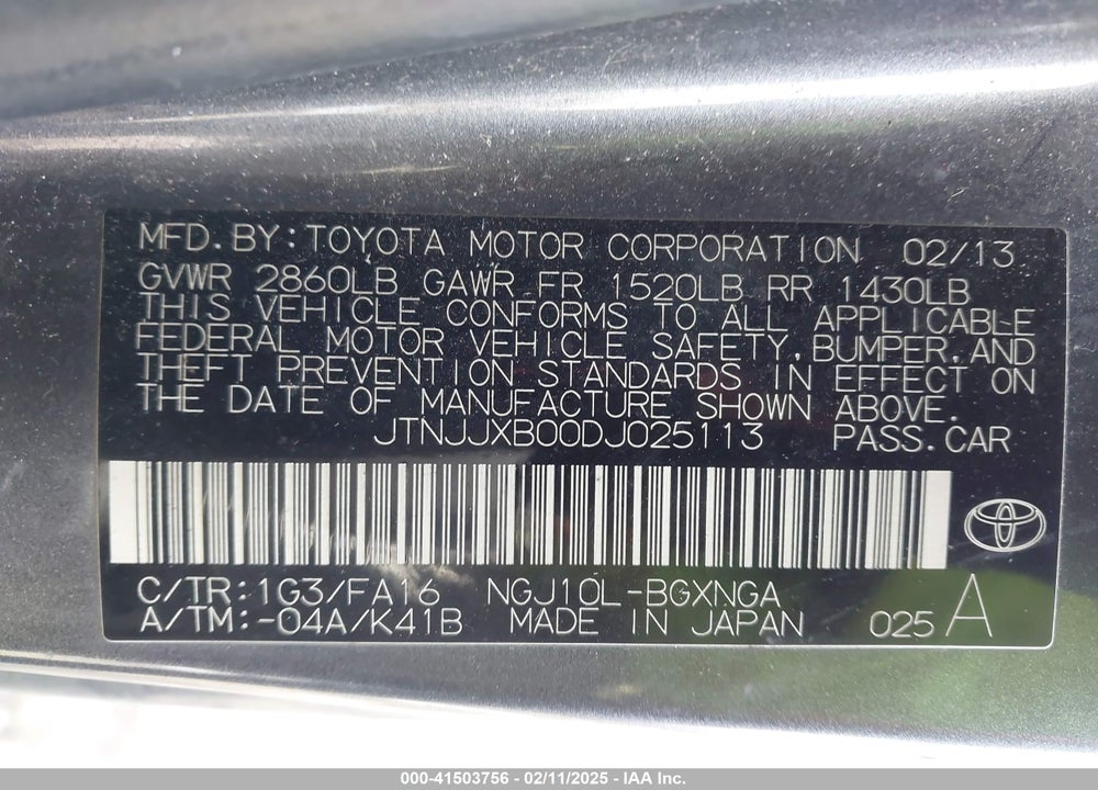 2013 SCION IQ VIN: JTNJJXB00DJ025113