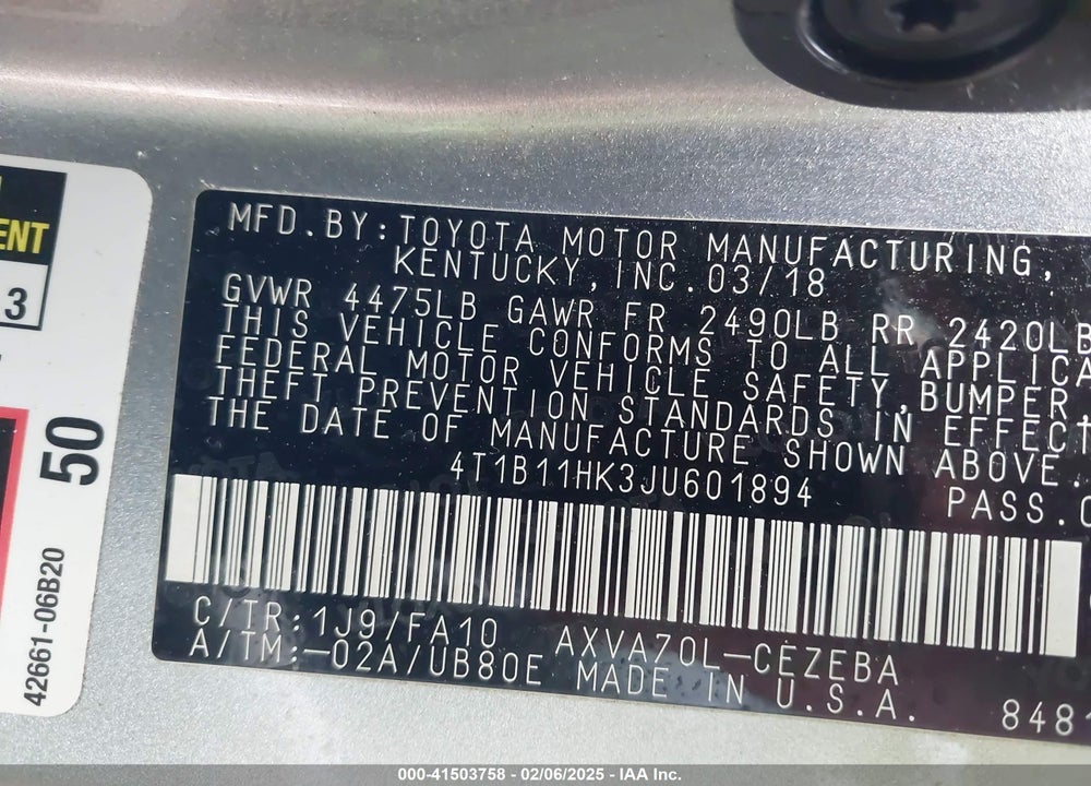 2018 TOYOTA CAMRY L VIN: 4T1B11HK3JU601894