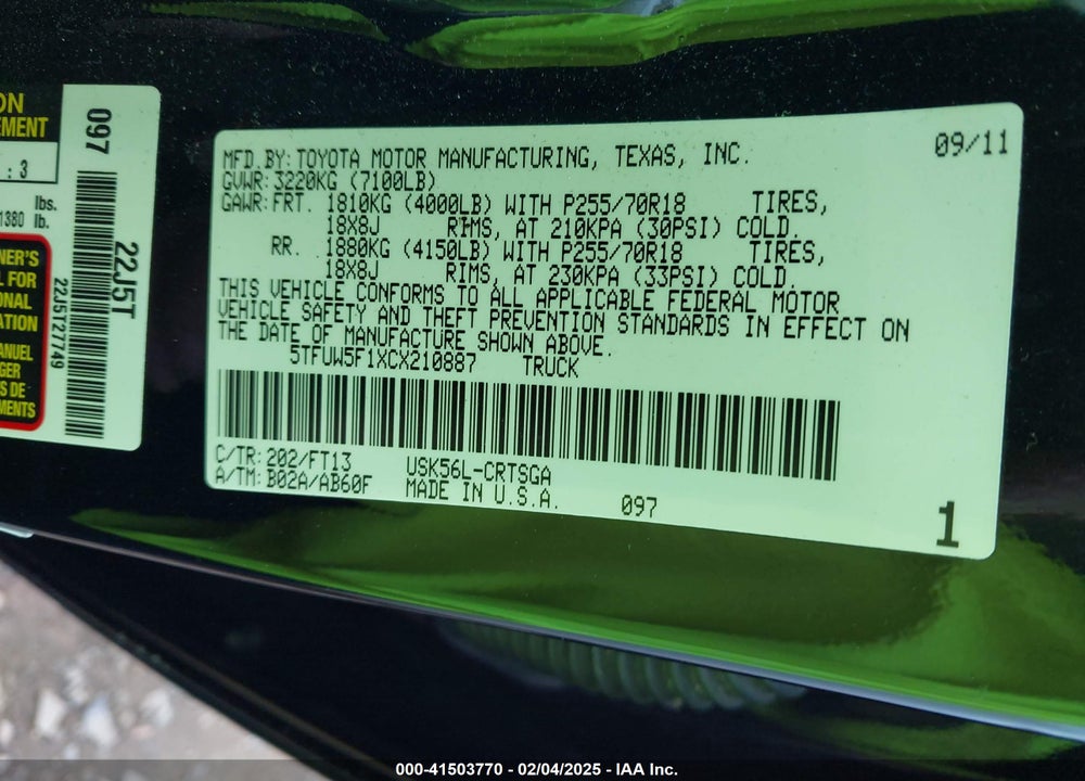 2012 TOYOTA TUNDRA GRADE 5.7L V8 VIN: 5TFUW5F1XCX210887