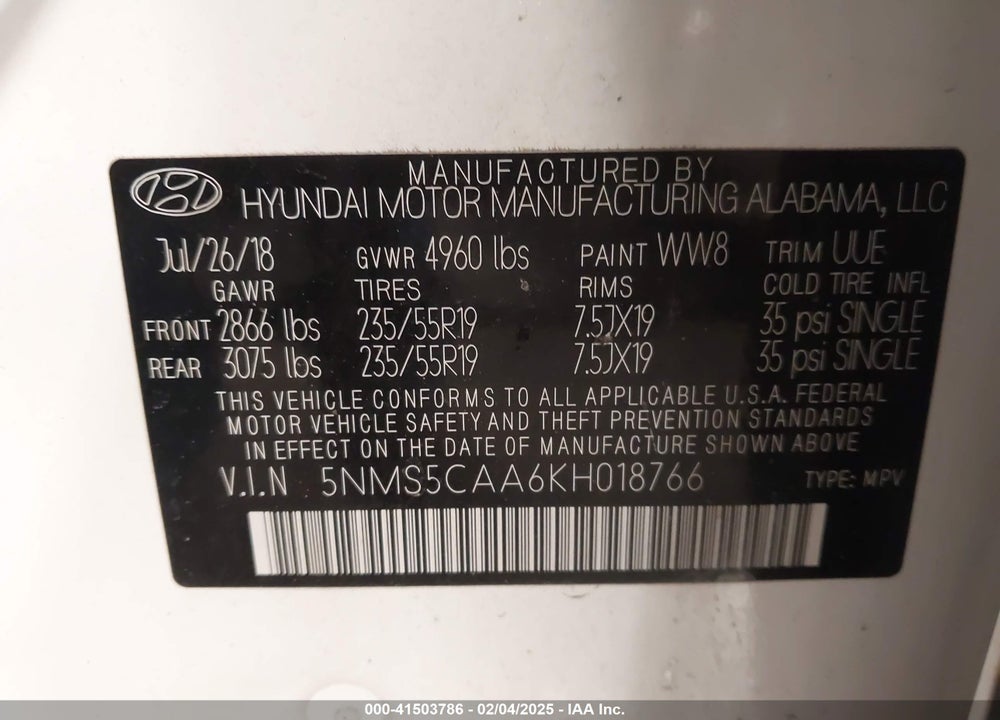 2019 HYUNDAI SANTA FE LIMITED 2.0T VIN: 5NMS5CAA6KH018766