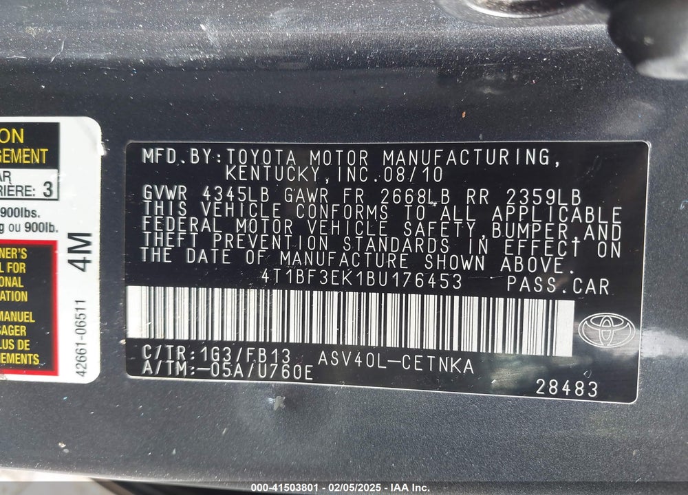 2011 TOYOTA CAMRY LE VIN: 4T1BF3EK1BU176453