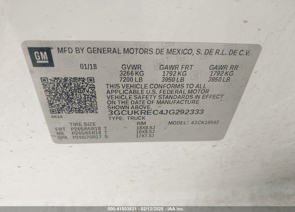 2018 CHEVROLET SILVERADO 1500 1LT VIN: 3GCUKREC4JG292333