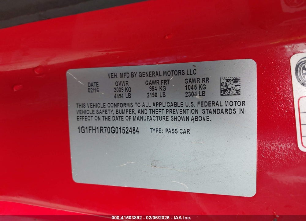 2016 CHEVROLET CAMARO VIN: 1G1FH1R70G0152484