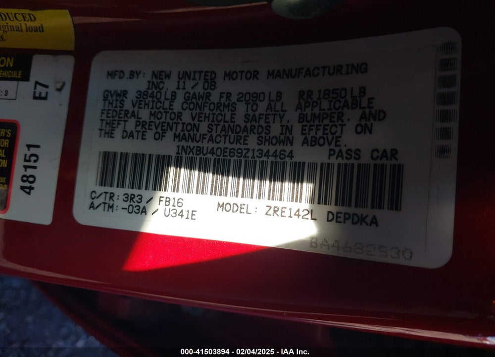 2009 TOYOTA COROLLA VIN: 1NXBU40E69Z134464