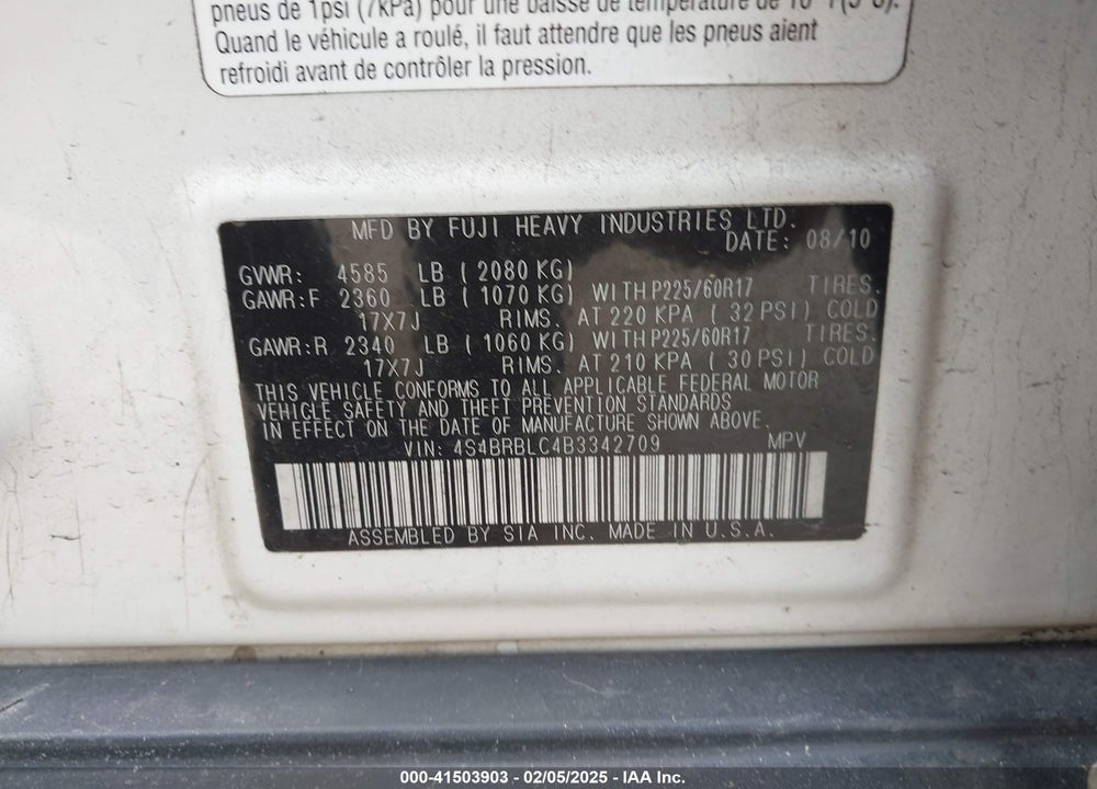2011 SUBARU OUTBACK 2.5I LIMITED VIN: 4S4BRBLC4B3342709