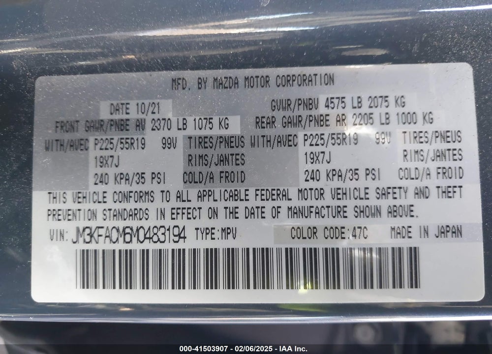 2021 MAZDA CX-5 CARBON EDITION VIN: JM3KFACM6M0483194