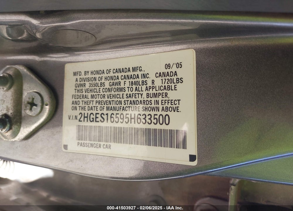 2005 HONDA CIVIC LX VIN: 2HGES16595H633500