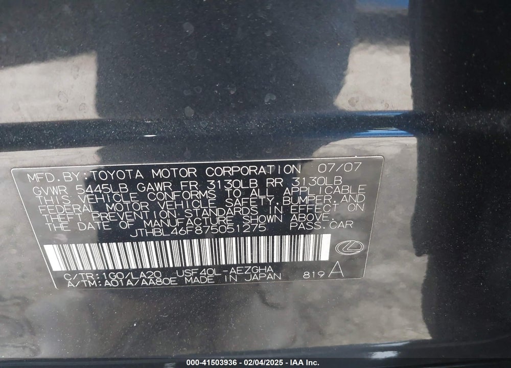 2007 LEXUS LS 460 VIN: JTHBL46F875051275
