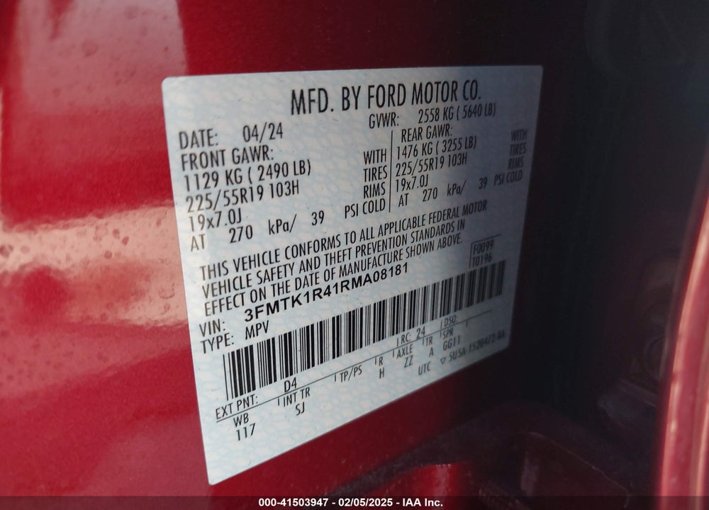 2024 FORD MUSTANG MACH-E SELECT VIN: 3FMTK1R41RMA08181