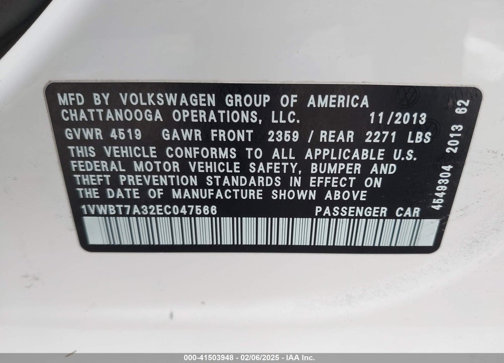 2014 VOLKSWAGEN PASSAT 1.8T SE VIN: 1VWBT7A32EC047566