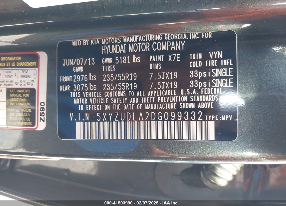 2013 HYUNDAI SANTA FE SPORT 2.0T VIN: 5XYZUDLA2DG099332