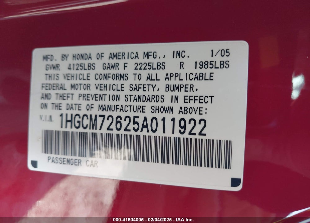 2005 HONDA ACCORD 2.4 EX VIN: 1HGCM72625A011922