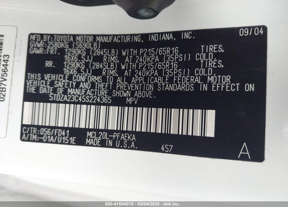 2005 TOYOTA SIENNA LE VIN: 5TDZA23C45S224365