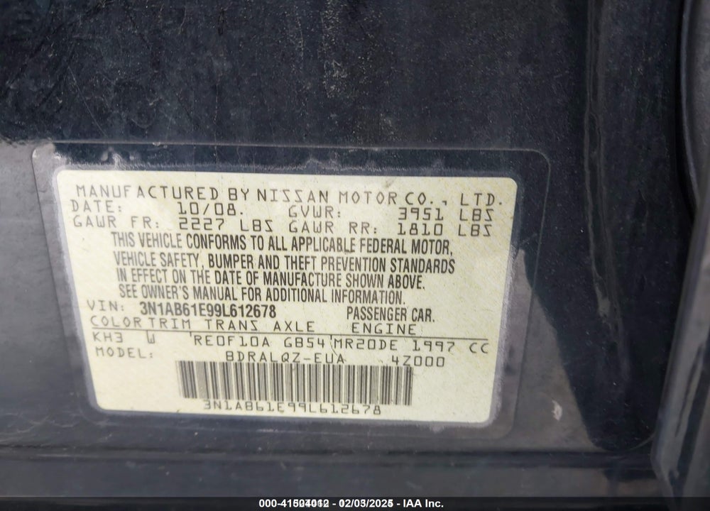 2009 NISSAN SENTRA VIN: 3N1AB61E99L612678