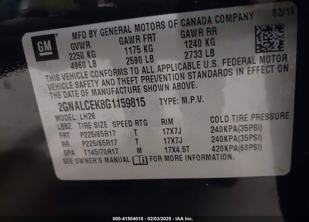 2016 CHEVROLET EQUINOX LT VIN: 2GNALCEK8G1159815