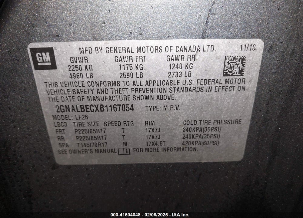 2011 CHEVROLET EQUINOX LS VIN: 2GNALBECXB1167054