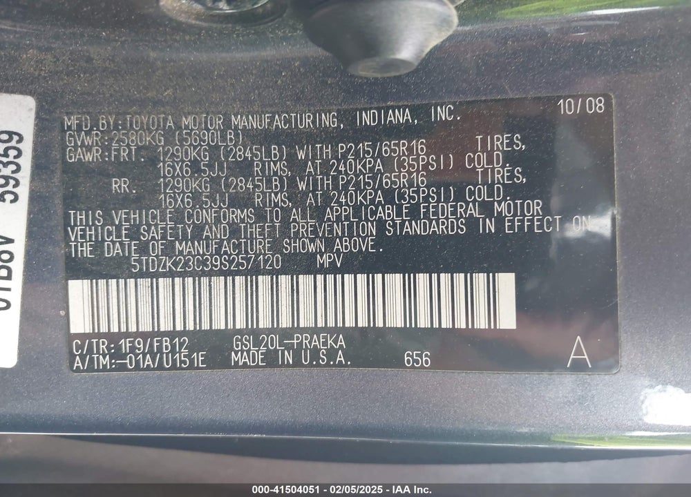 2009 TOYOTA SIENNA CE VIN: 5TDZK23C39S257120