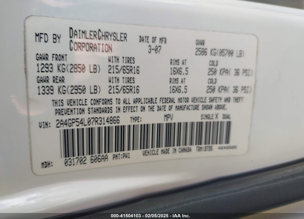2007 CHRYSLER TOWN & COUNTRY TOURING VIN: 2A4GP54L07R314866