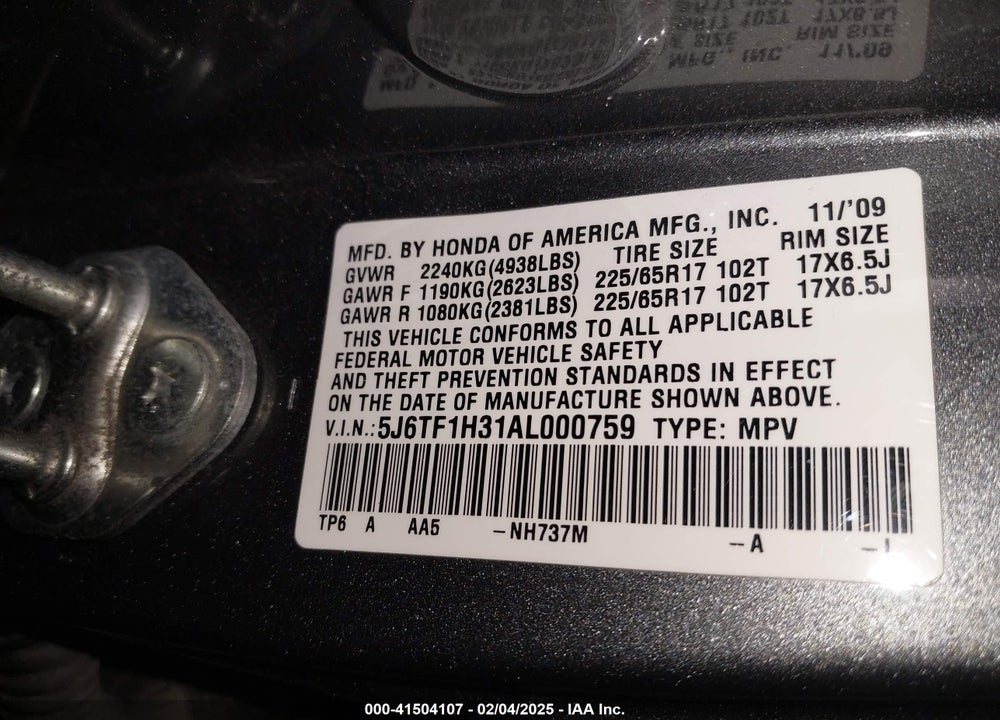 2010 HONDA ACCORD CROSSTOUR VIN: 5J6TF1H31AL000759