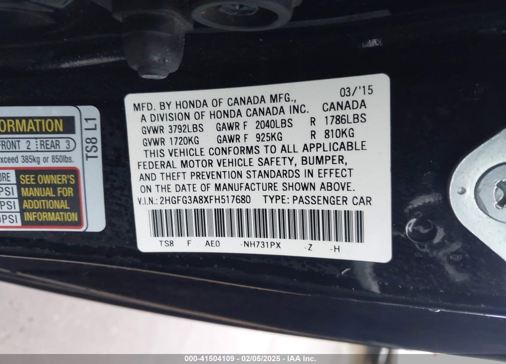 2015 HONDA CIVIC VIN: 2HGFG3A8XFH517680