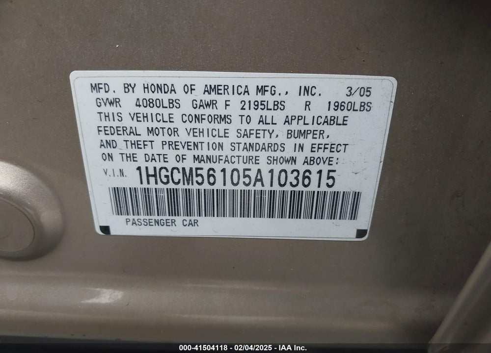 2005 HONDA ACCORD 2.4 DX VIN: 1HGCM56105A103615