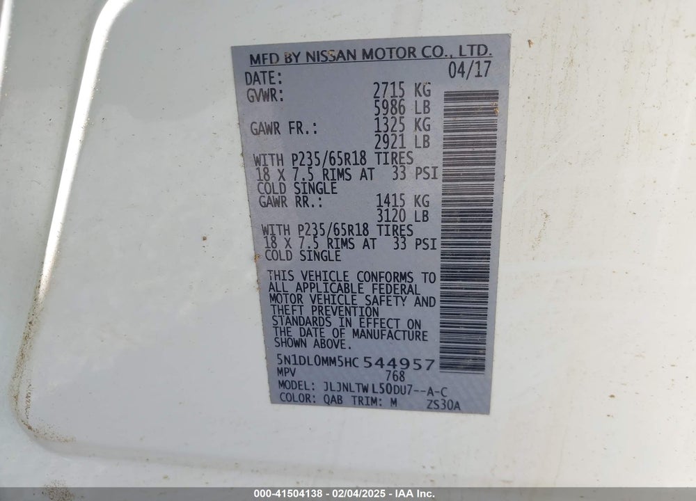 2017 INFINITI QX60 VIN: 5N1DL0MM5HC544957