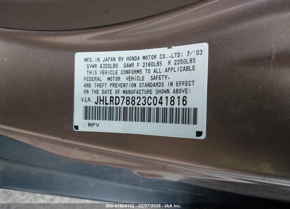 2003 HONDA CR-V EX VIN: JHLRD78823C041816