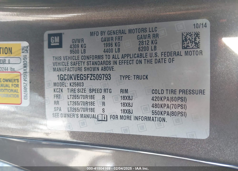 2015 CHEVROLET SILVERADO 2500HD VIN: 1GC0KVEG5FZ509793