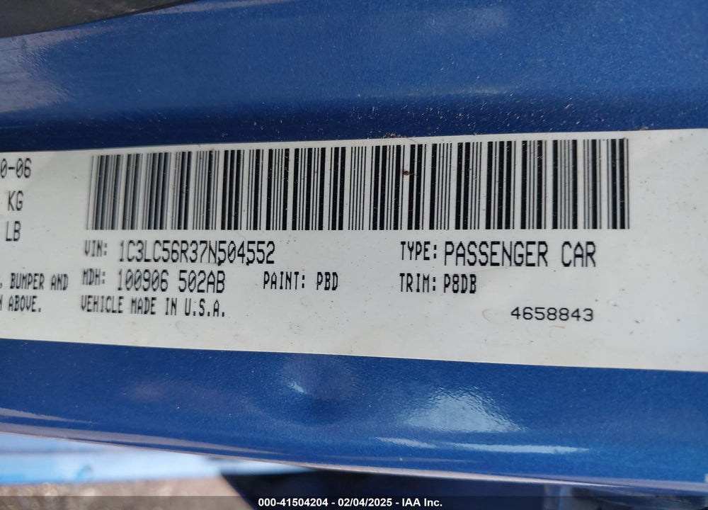 2007 CHRYSLER SEBRING VIN: 1C3LC56R37N504552