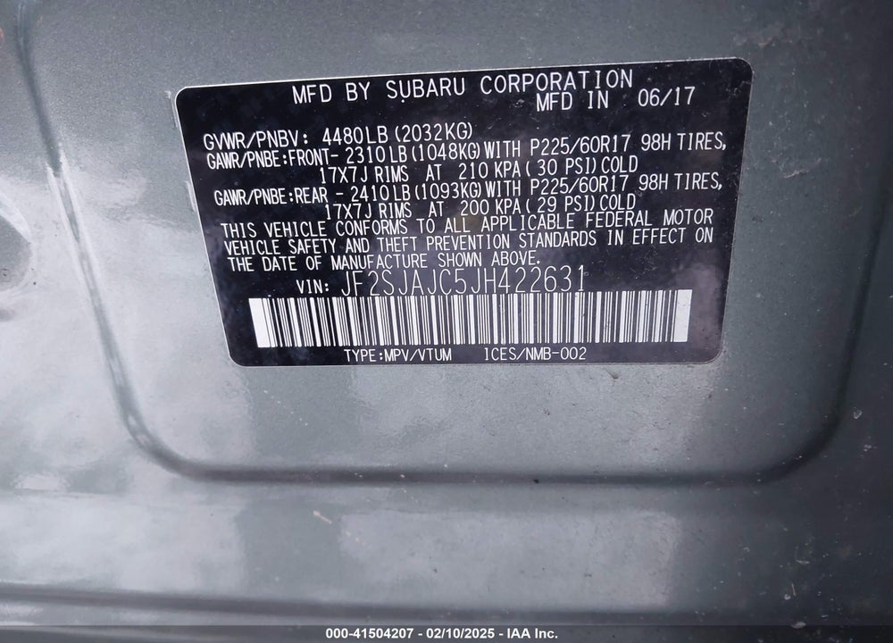2018 SUBARU FORESTER VIN: JF2SJAJC5JH422631
