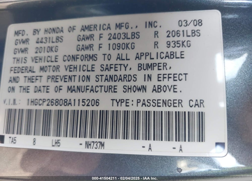 2008 HONDA ACCORD VIN: 1HGCP26808A115206