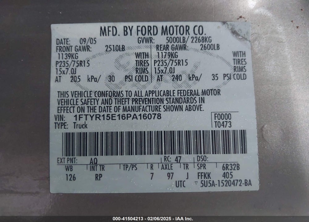 2006 FORD RANGER VIN: 1FTYR15E16PA16078