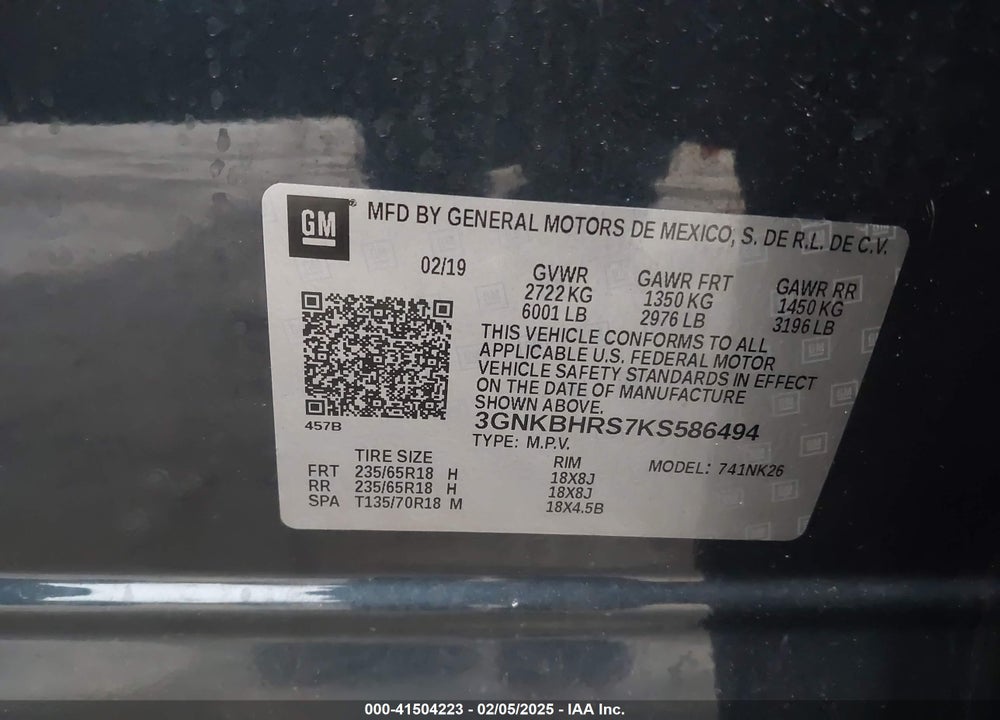 2019 CHEVROLET BLAZER VIN: 3GNKBHRS7KS586494