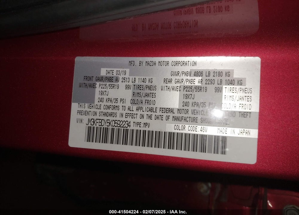2019 MAZDA CX-5 GRAND TOURING RESERVE VIN: JM3KFBDY5K0592234