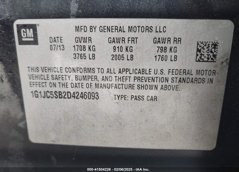 2013 CHEVROLET SONIC VIN: 1G1JC5SB2D4246093