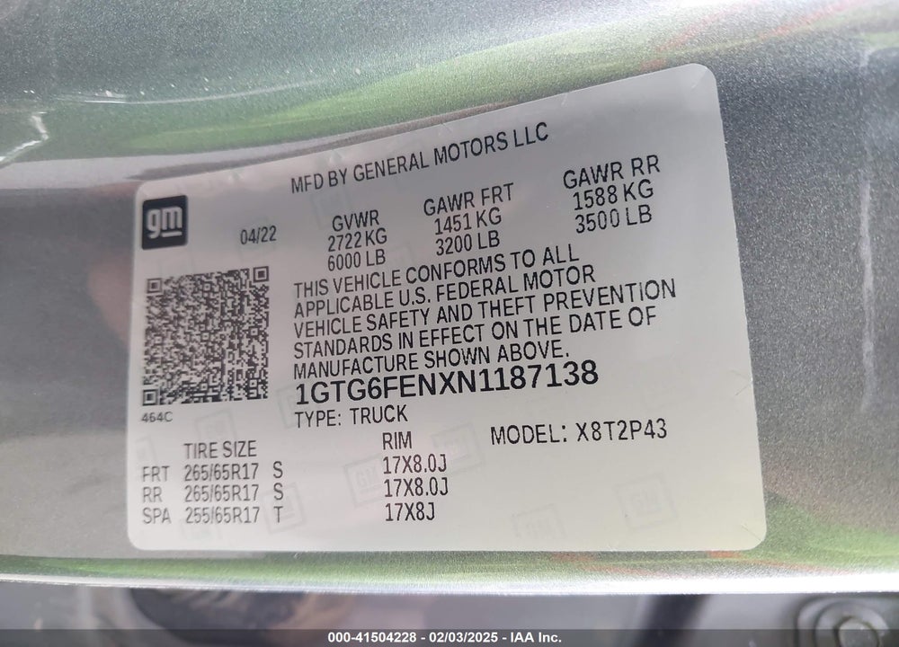 2022 GMC CANYON VIN: 1GTG6FENXN1187138