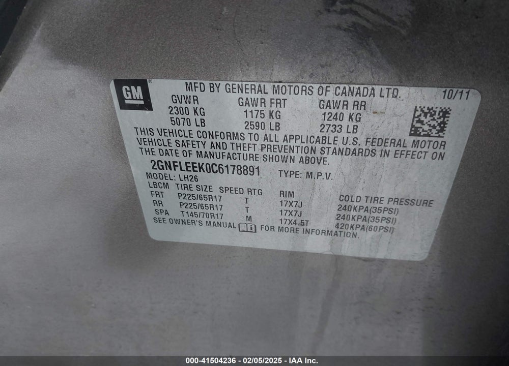2012 CHEVROLET EQUINOX 1LT VIN: 2GNFLEEK0C6178891