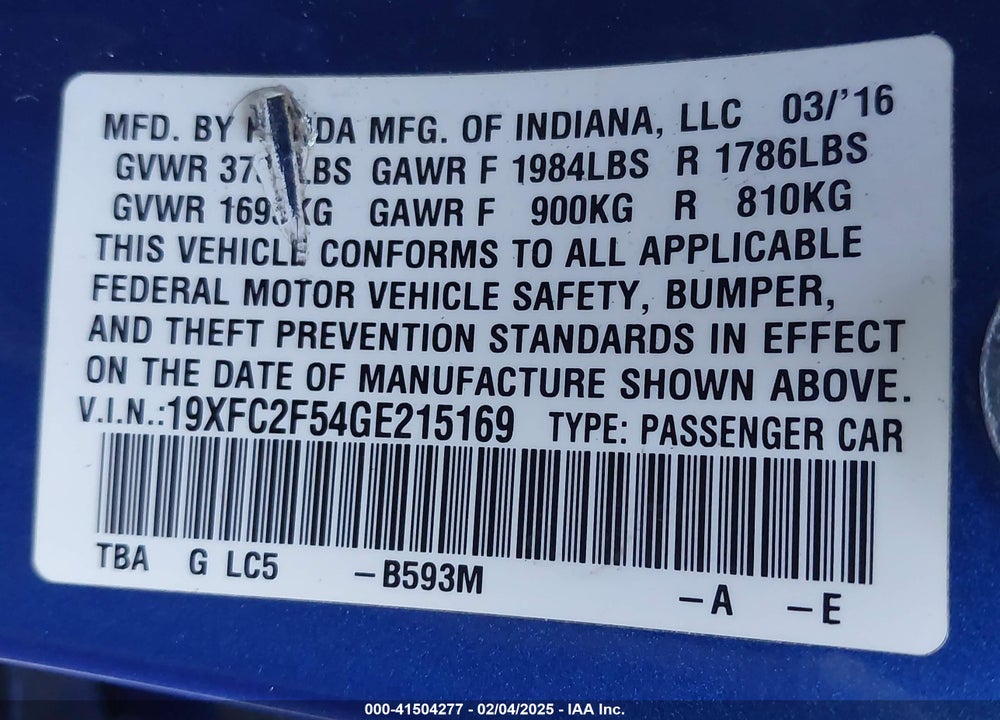 2016 HONDA CIVIC VIN: 19XFC2F54GE215169