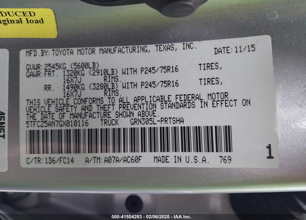 2016 TOYOTA TACOMA SR5 V6 VIN: 5TFCZ5AN7GX010116