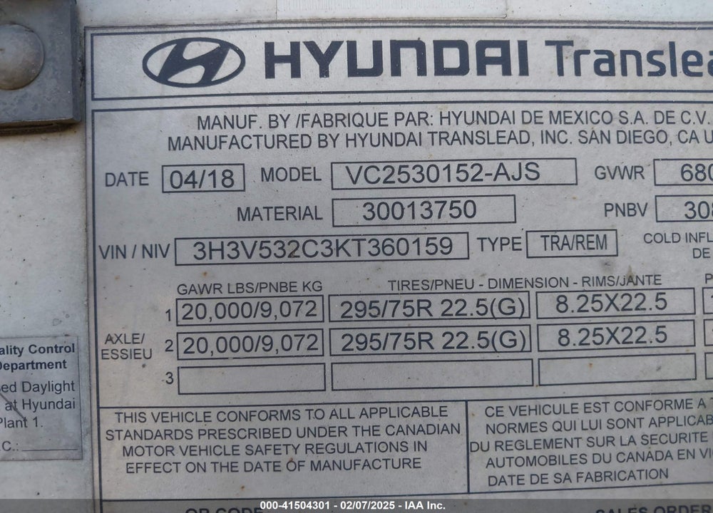 2019 HYUNDAI TRANSLEAD INC --- VIN: 3H3V532C3KT360159