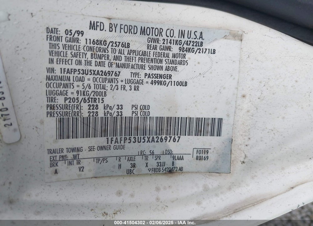 1999 FORD TAURUS SE/SE-NE VIN: 1FAFP53U5XA269767