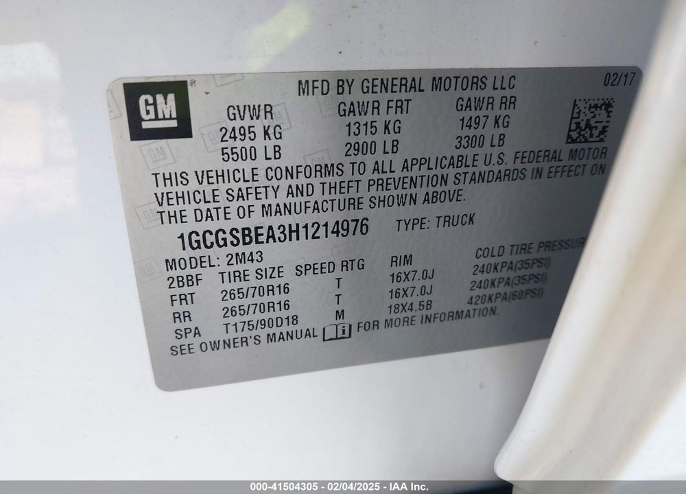2017 CHEVROLET COLORADO WT VIN: 1GCGSBEA3H1214976