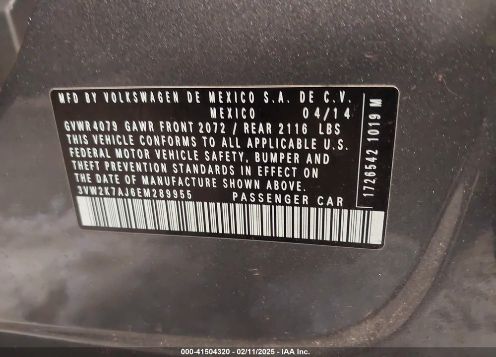 2014 VOLKSWAGEN JETTA VIN: 3VW2K7AJ6EM289955