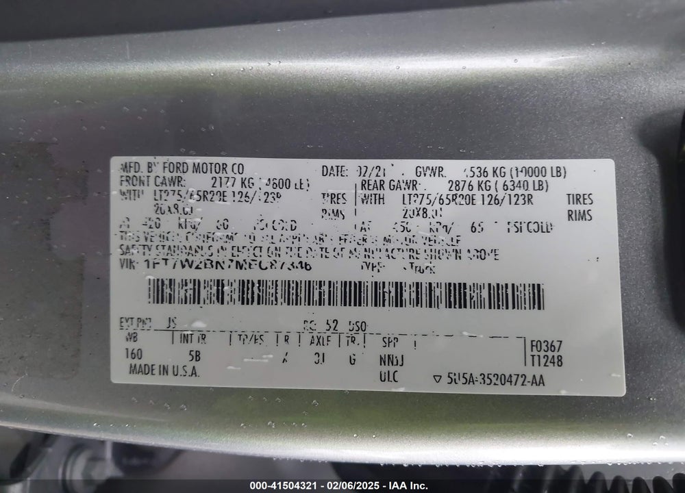 2021 FORD F-250 VIN: 1FT7W2BN7MEC87346