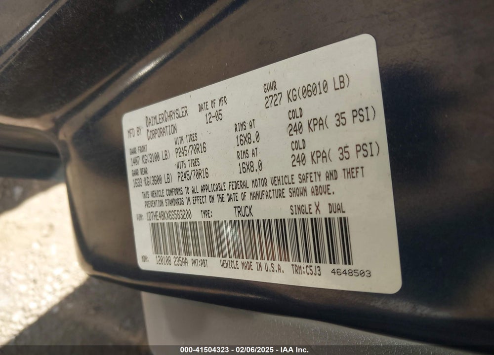 2006 DODGE DAKOTA SLT VIN: 1D7HE48KX6S583200